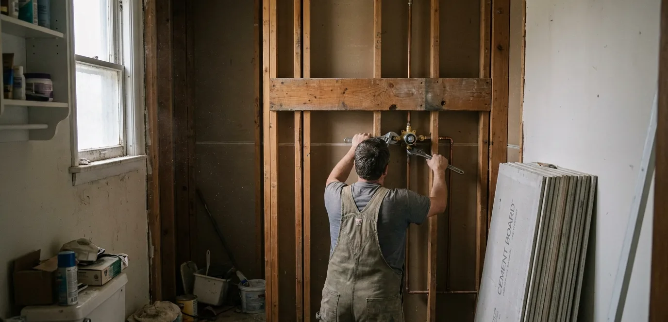 A plumber fitting a shower mixing valve into an open bathroom wall cavity during a remodel