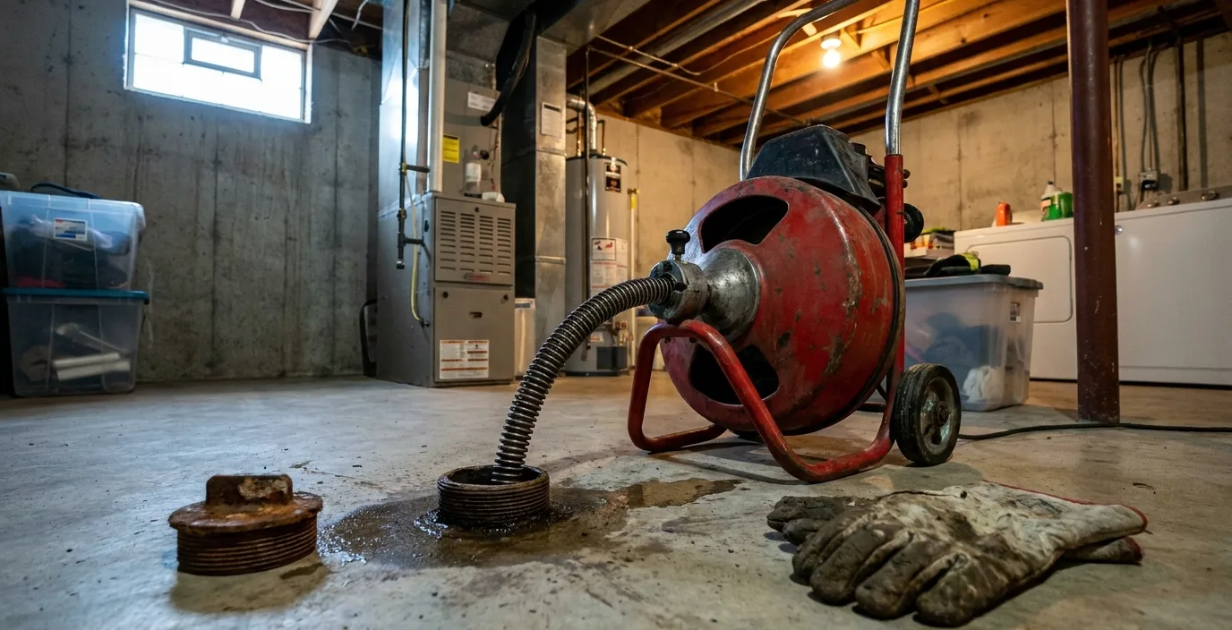 A drain cleaning cable machine feeding into a basement floor cleanout