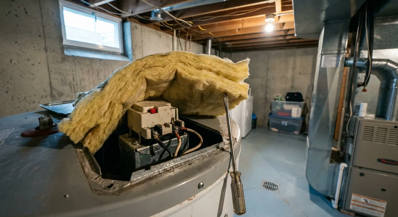 The upper access opening of an electric water heater with the insulation folded back, showing the thermostat, its red reset button and the wiring terminals