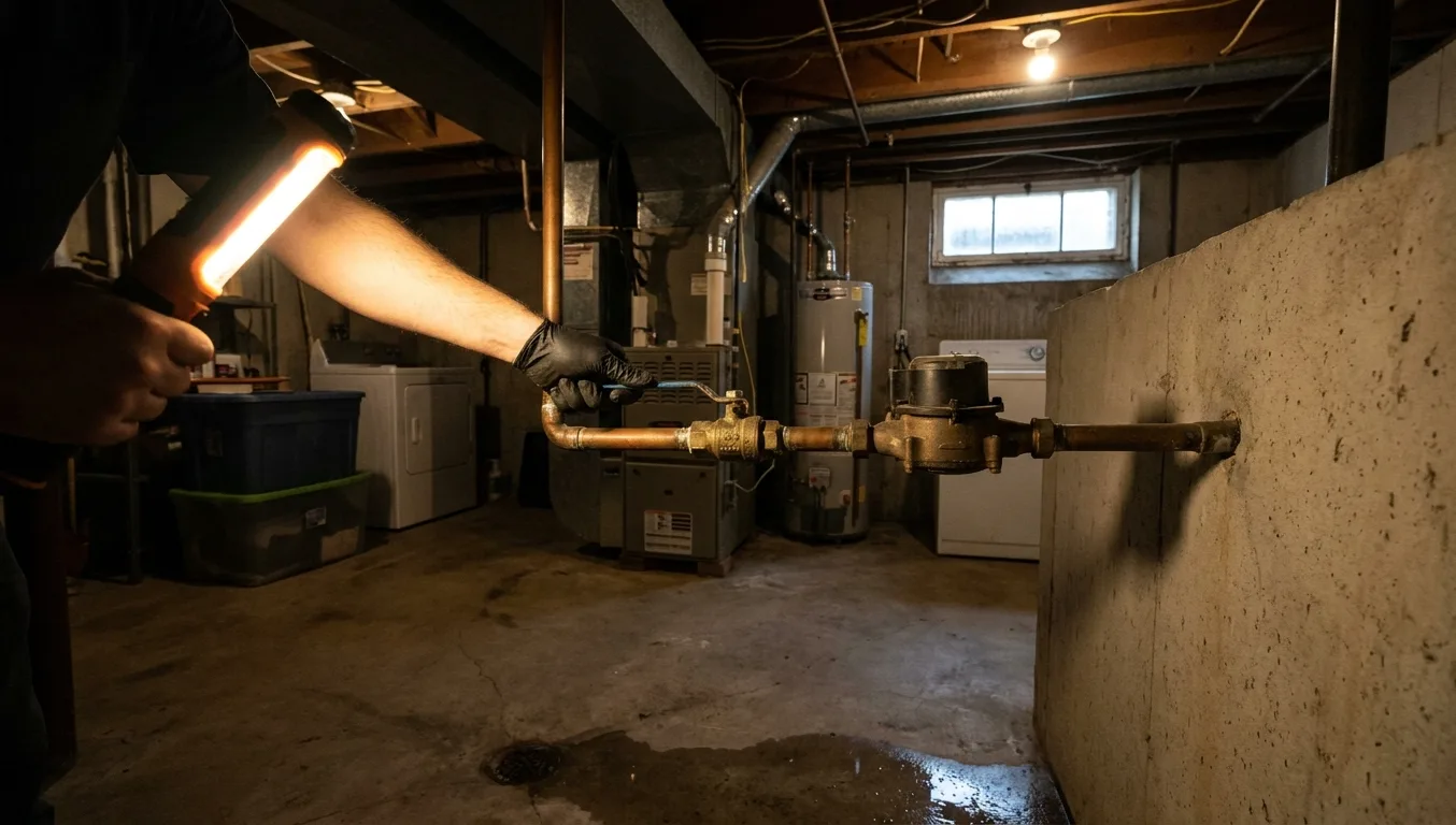 A plumber shutting off a main water valve in a basement at night, work light casting shadows on the wall