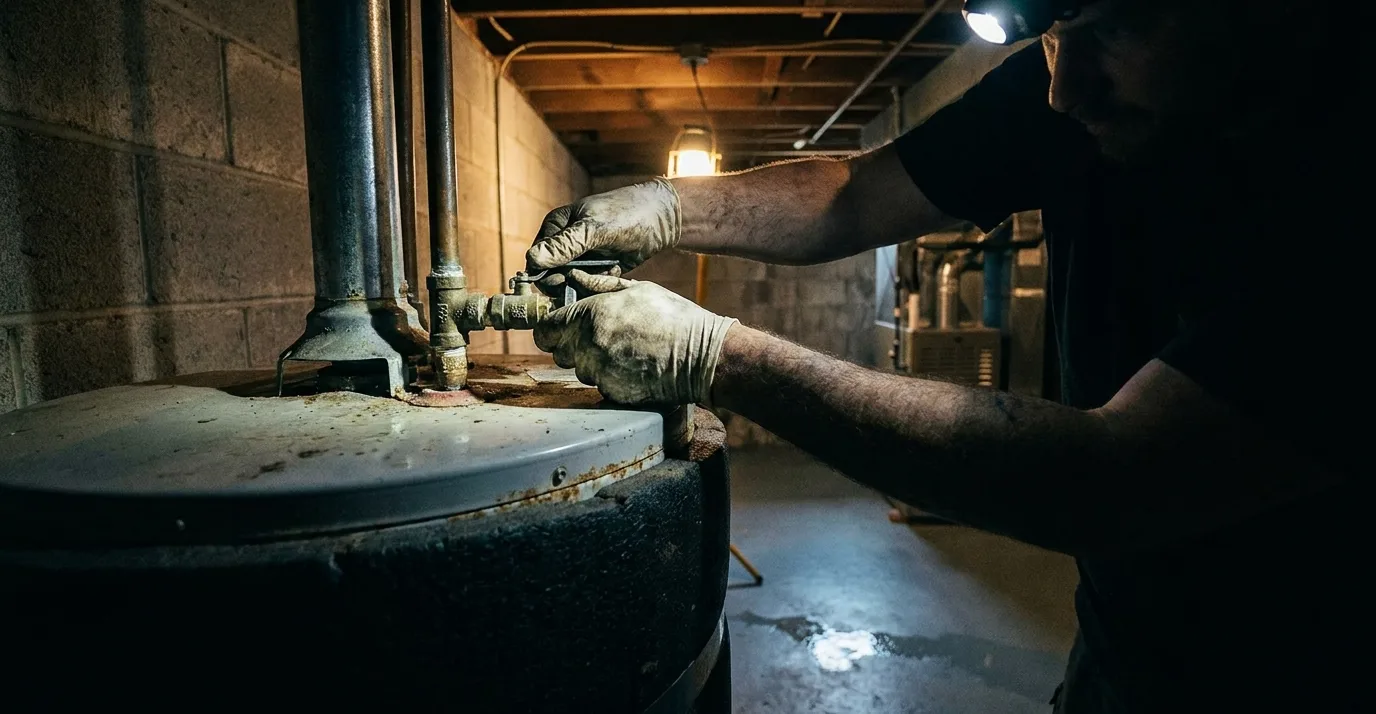 A plumber's hands closing the cold water shut-off valve on top of a water heater at night, lit by a headlamp beam