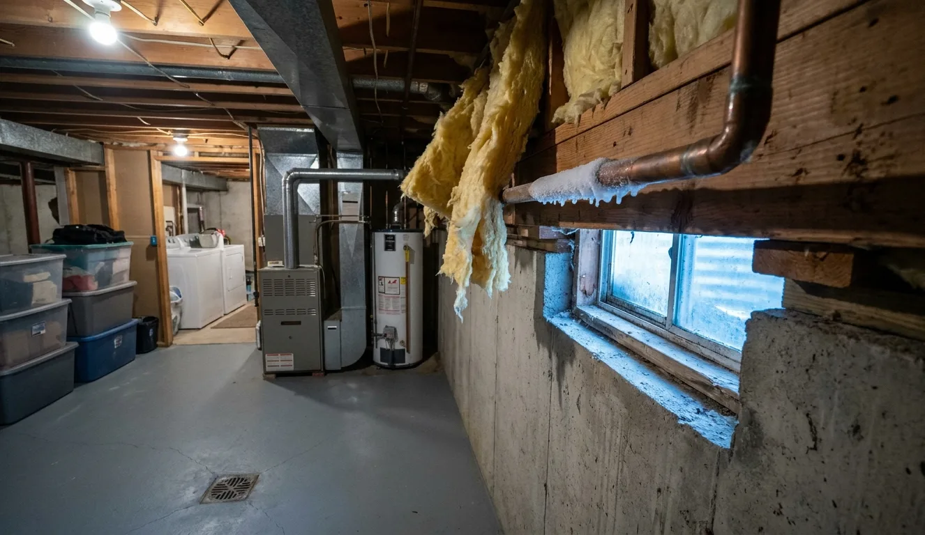 Frost and ice on a copper water pipe running along an unheated basement rim joist