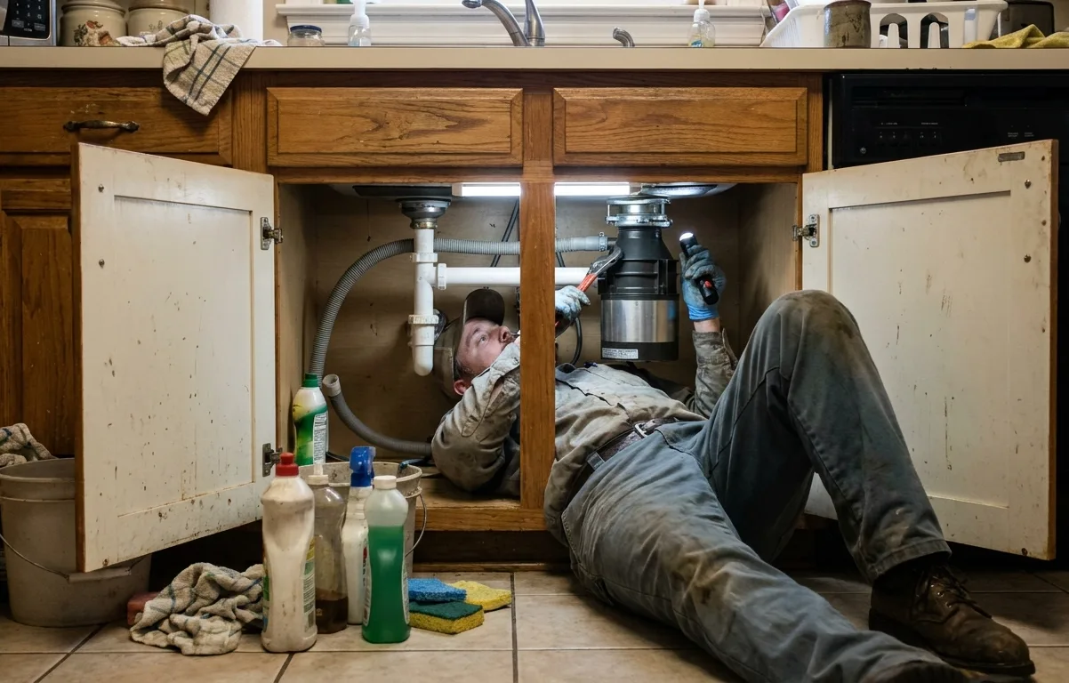 A plumber working on a garbage disposal unit under a kitchen sink with a flashlight and wrench