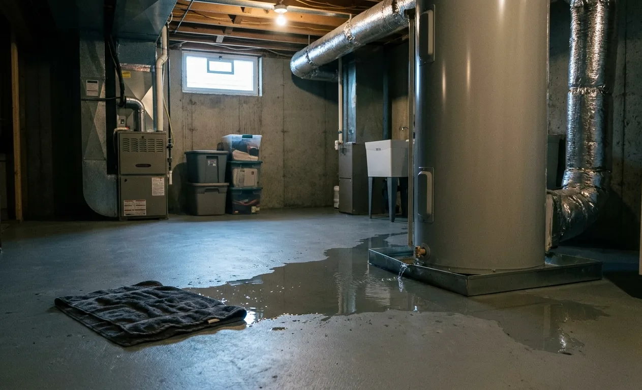 Water pooling on a concrete basement floor at the base of a storage water heater, with a drain pan visible