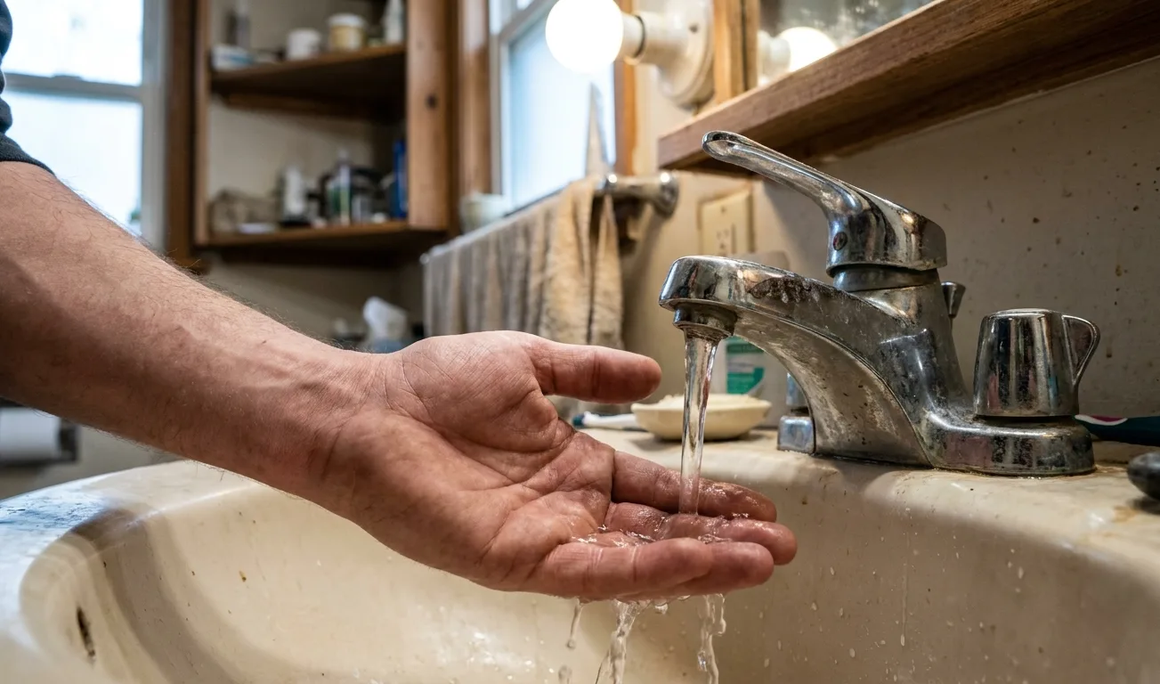 A bare hand held palm-up under a running bathroom tap testing the water temperature, with no steam rising at all
