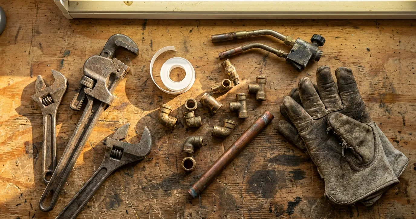 Plumbing tools, pipe fittings and a pipe wrench laid out on a work surface