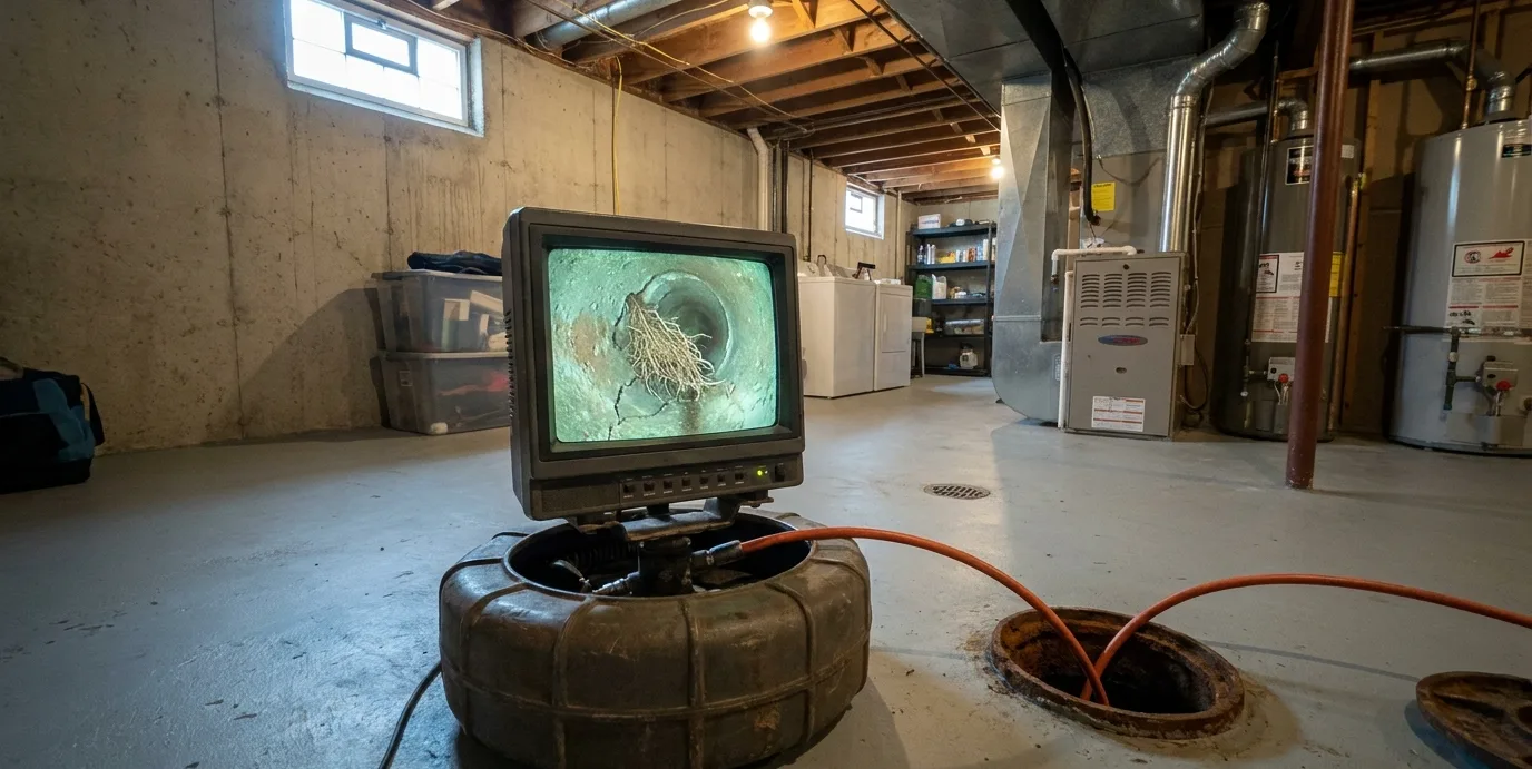 A sewer camera monitor showing the inside of a clay sewer pipe with root intrusion at a joint