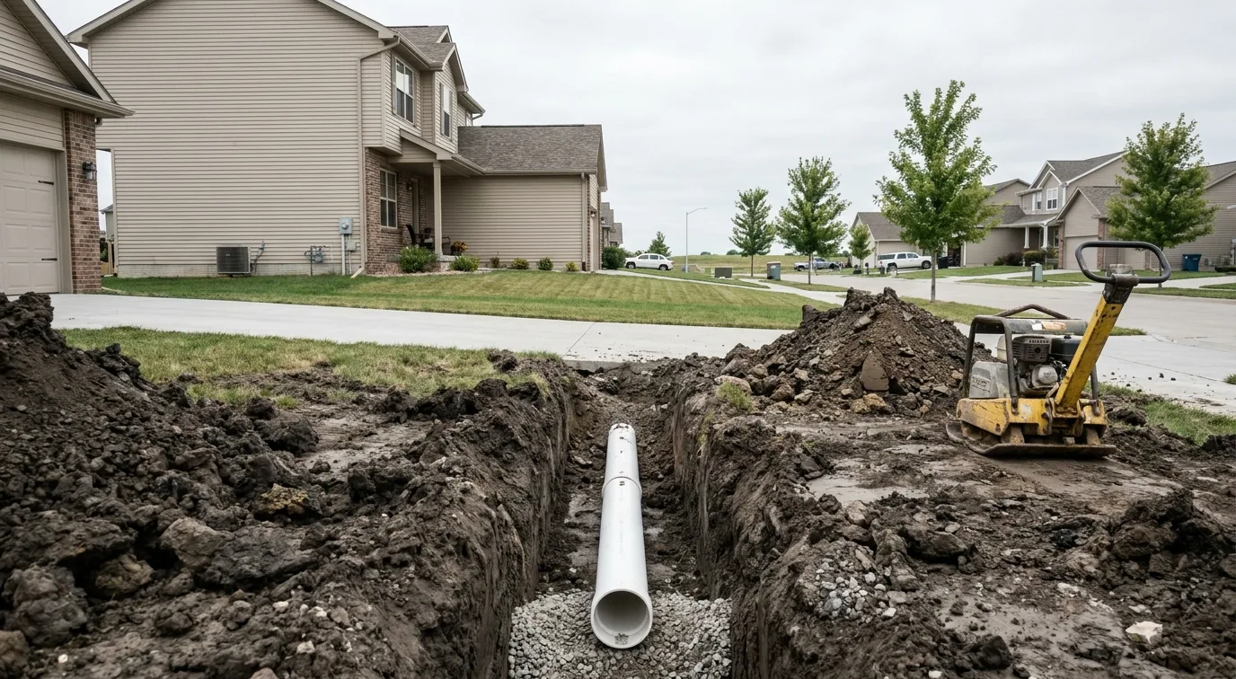 New PVC sewer pipe laid in a bedded trench in a residential front yard ready for backfill