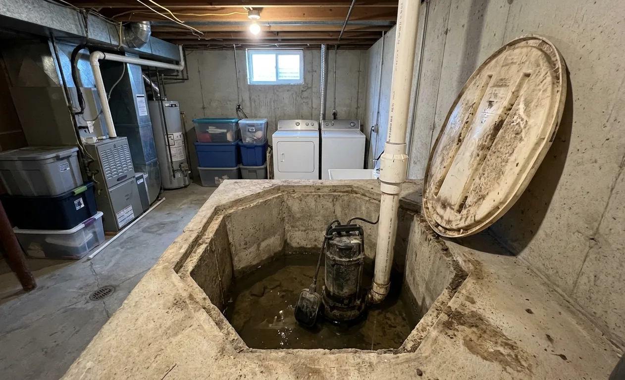 A sump pump sitting in a basin in a basement floor with a discharge pipe and float switch visible