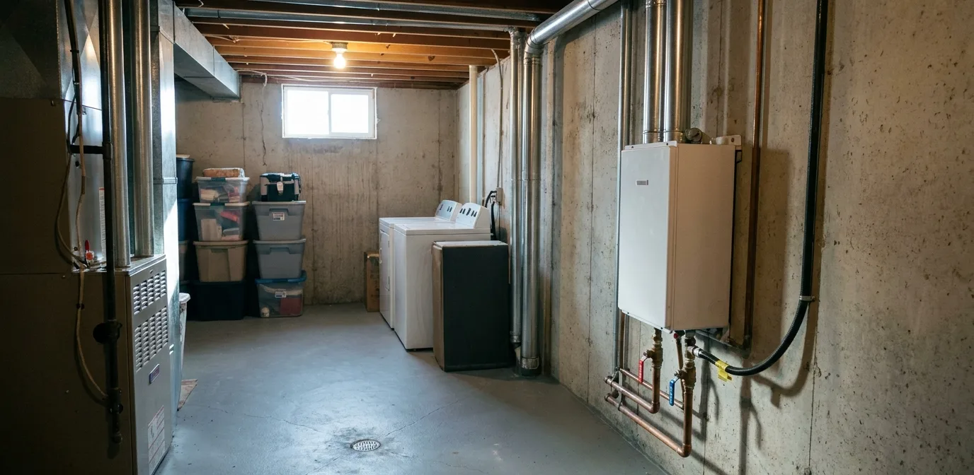A wall-mounted tankless water heater with stainless venting and isolation valves installed in a utility room