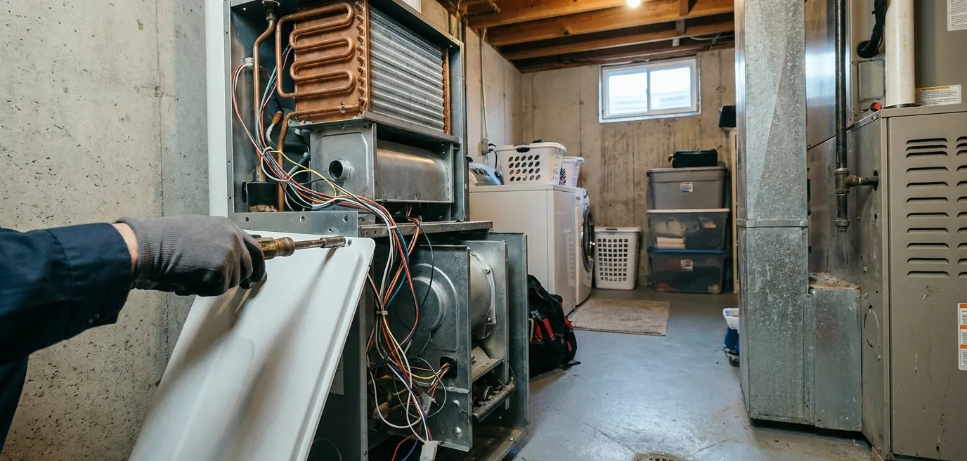A wall-mounted tankless water heater with its front cover removed, exposing the finned copper heat exchanger and burner housing