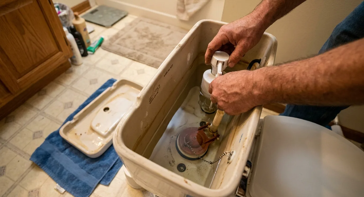 Plumber's hands adjusting a fill valve and float inside an open toilet tank