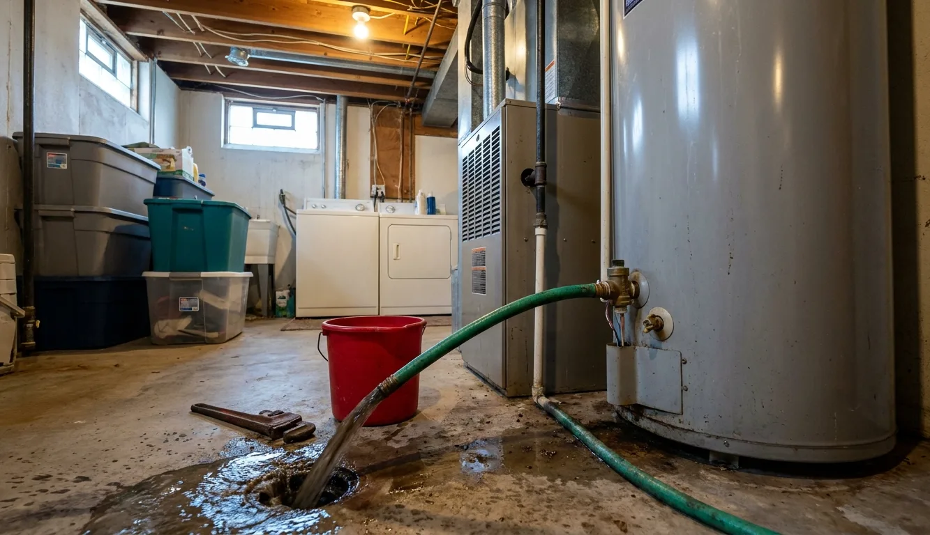 A hose connected to a water heater drain valve flushing sediment into a floor drain