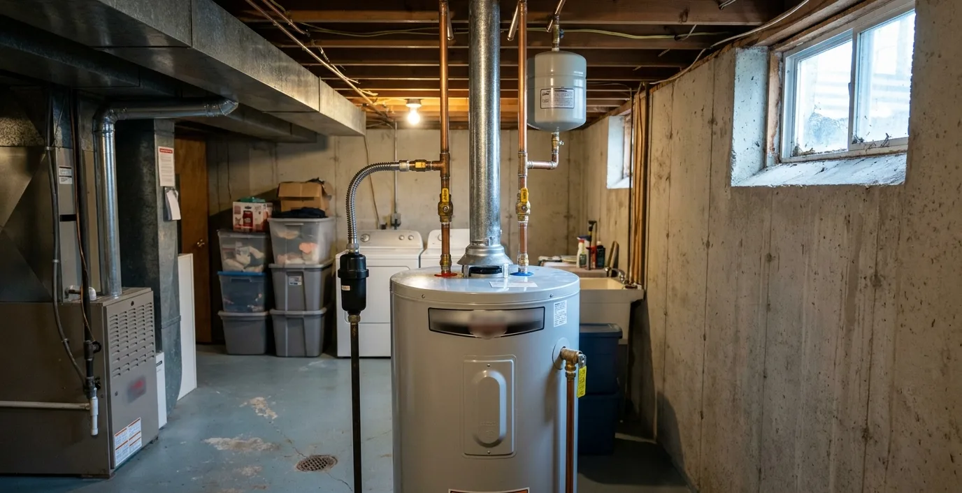 A newly installed storage water heater with clean copper supply lines and a thermal expansion tank in a Nebraska basement