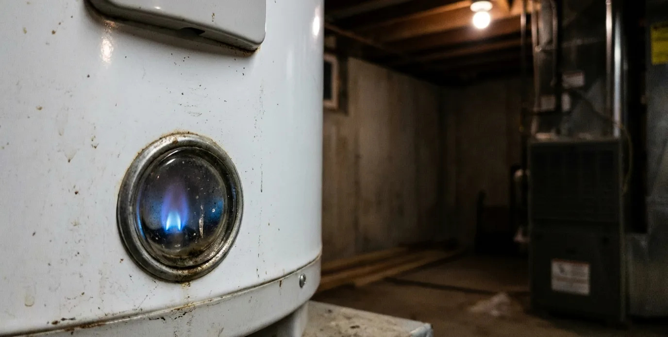 A small blue pilot flame burning behind the round sight glass at the base of a gas water heater in a darkened room