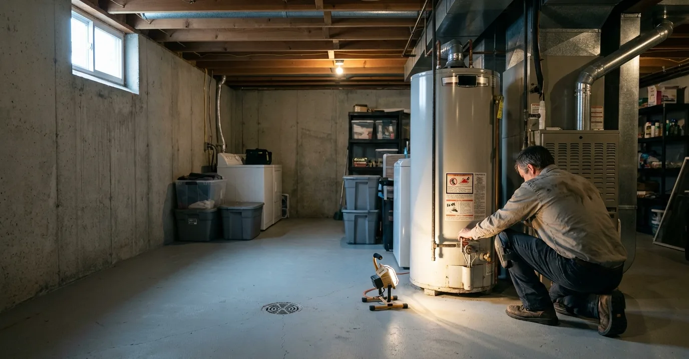 A plumber checking the gas control valve on a residential storage water heater in a clean basement utility room