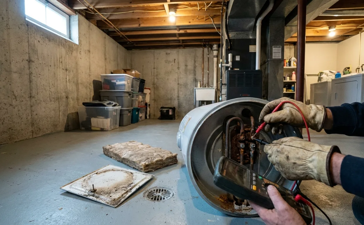 Plumber testing a water heater heating element with a multimeter beside an open access panel