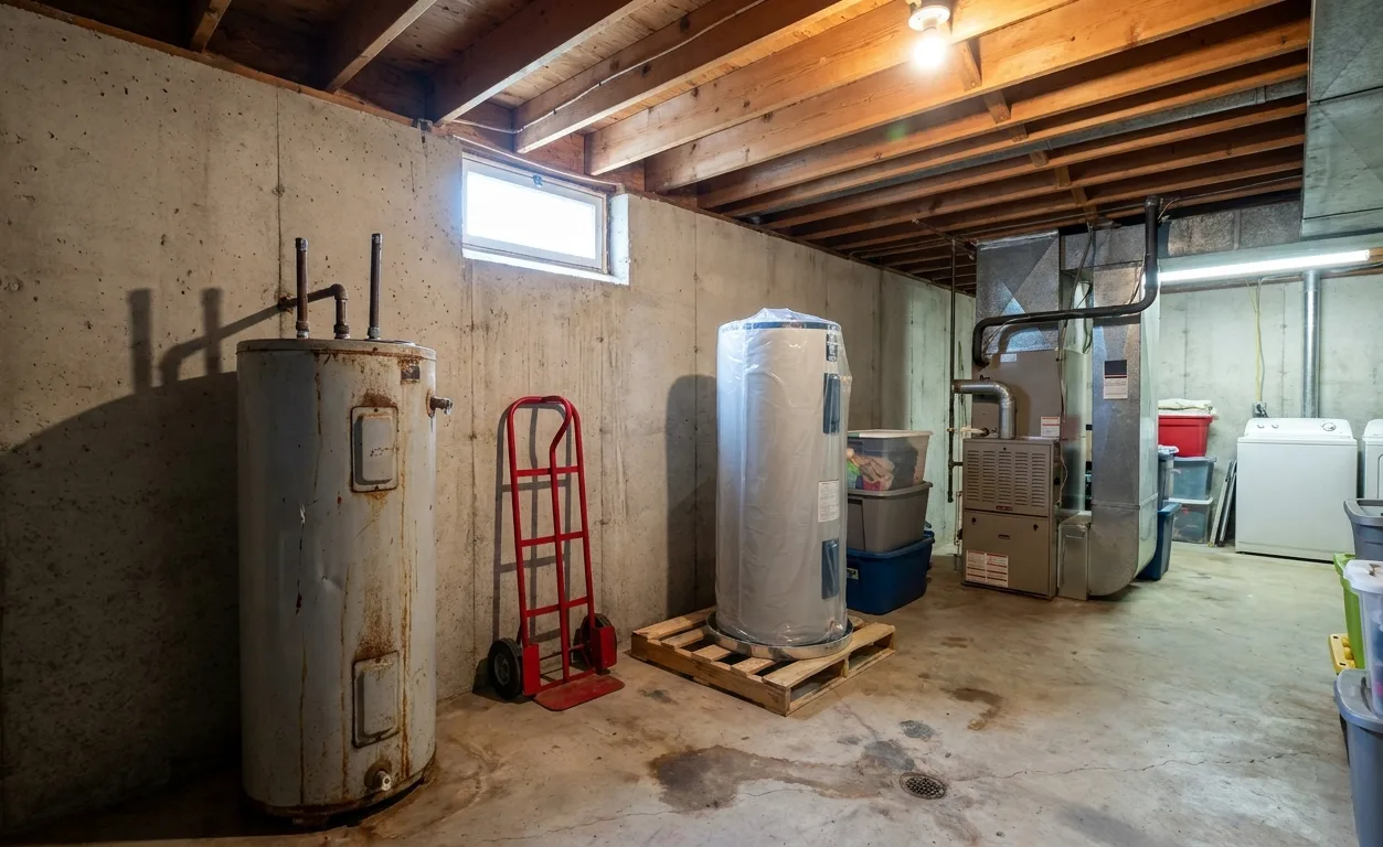 Two water heaters side by side in a basement, an old corroded unit being removed and a new one waiting to be set