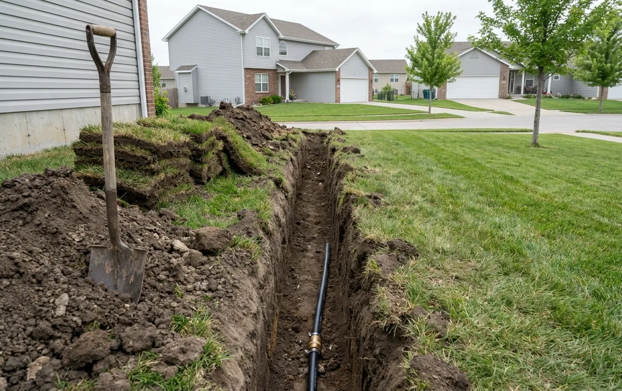 An excavated trench in a front yard exposing a residential water service line with a repair coupling fitted