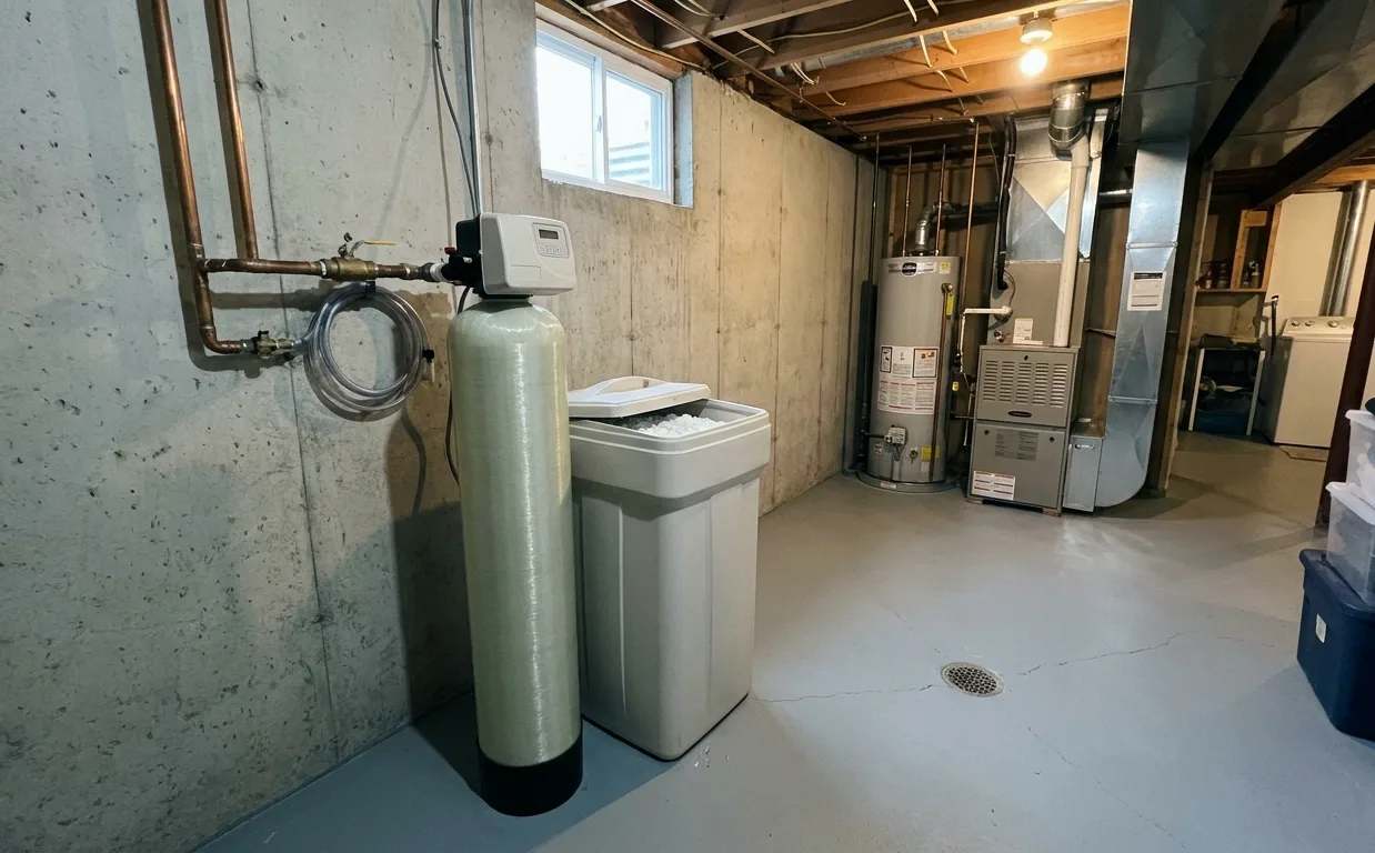A water softener tank and brine tank installed beside a water heater in a basement utility area